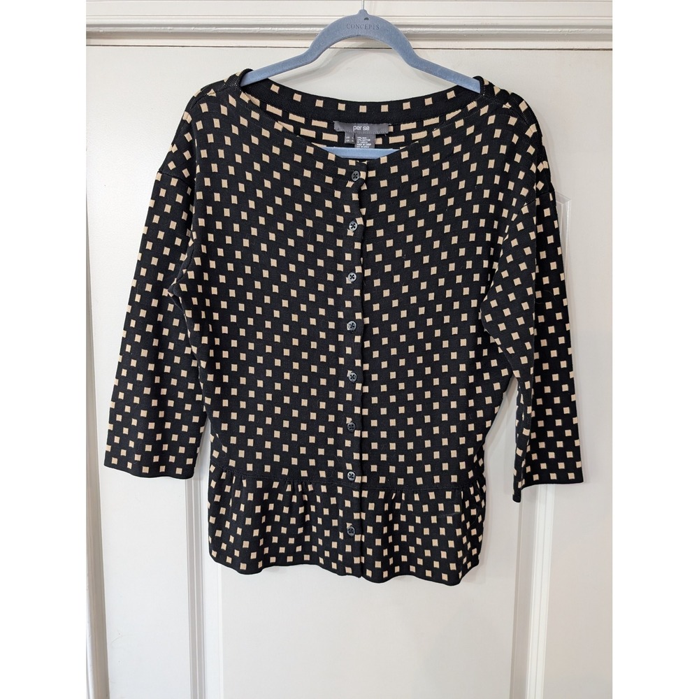 Per Se Silk Cotton Cardigan Black Tan Geometric Square‎ Peplum Top Womens Large